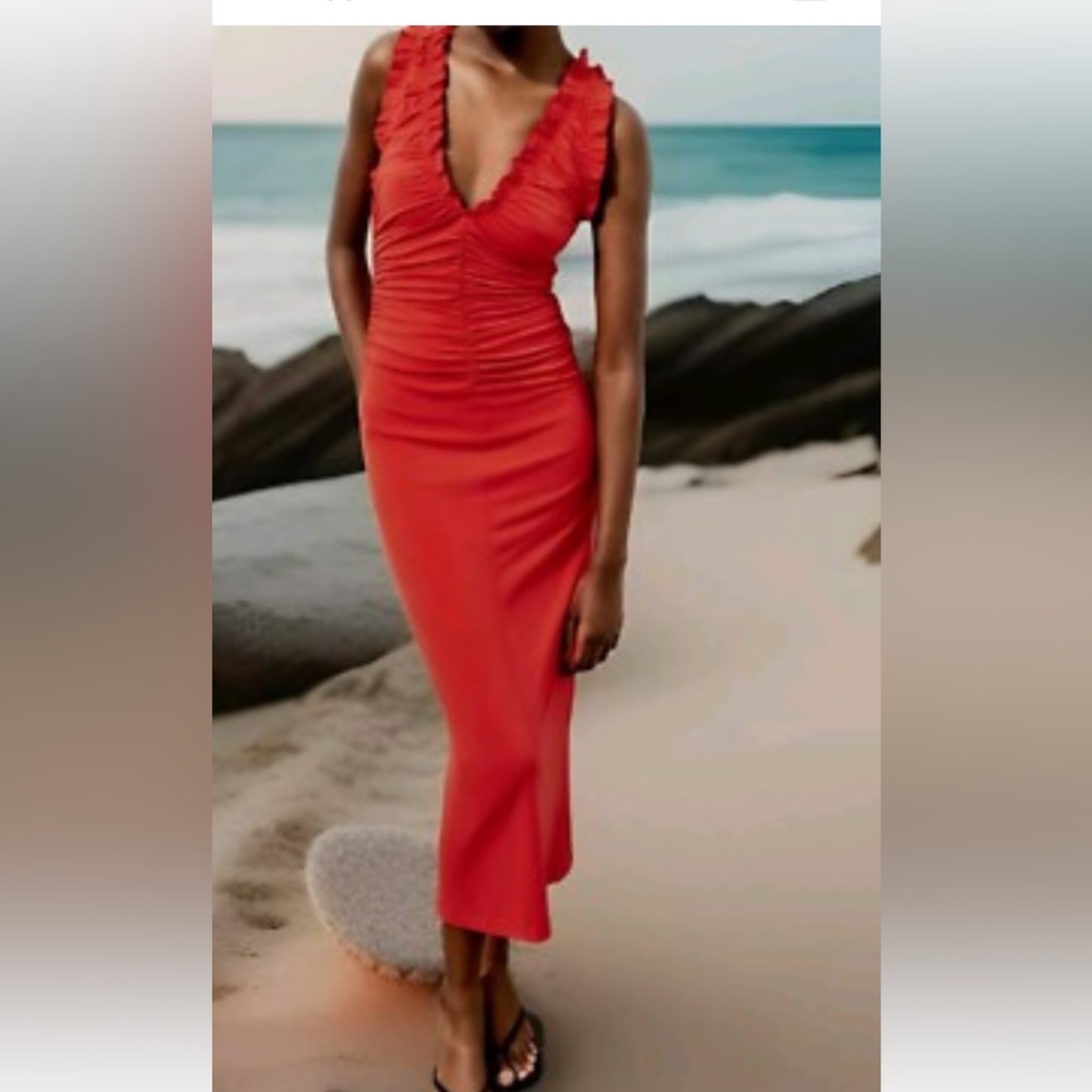 Zara Red Midi Dress with Ruffle Detail